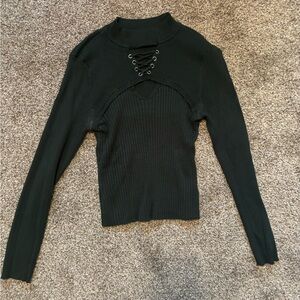 No Boundaries Black Ribbed Long-Sleeve Lace-Up Mock Neck Top